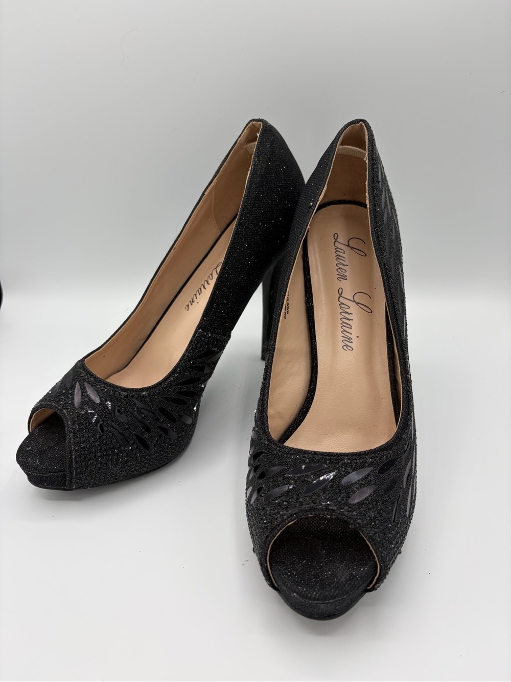 Lauren Lorraine Black Glitter Peep-Toe Heels